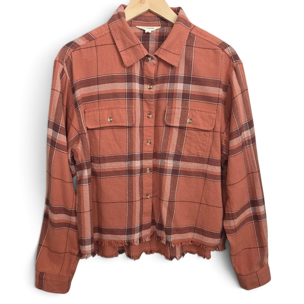 Lucky Brand Womens Medium Flannel Shirt Cropped Raw Hem Plaid Rust Orange Boho